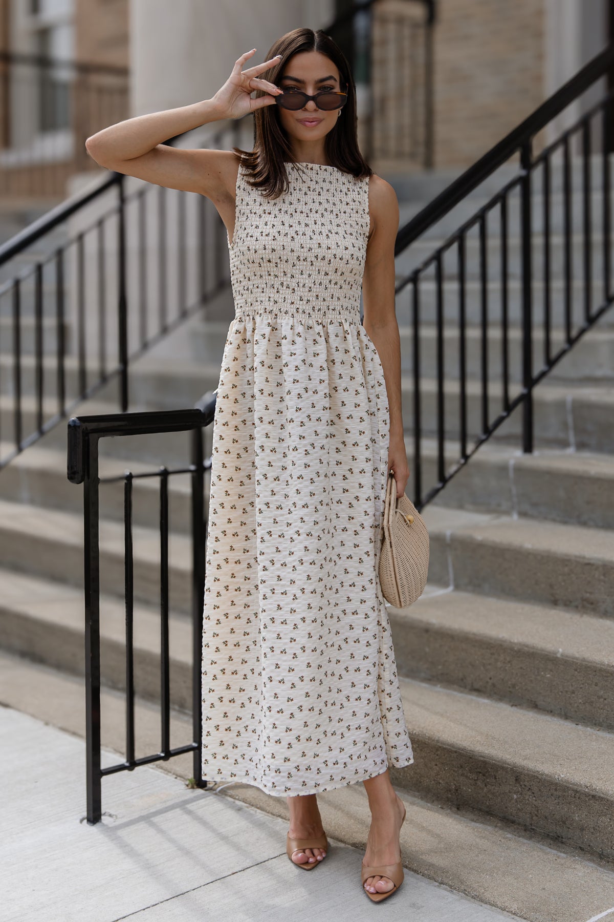 Fable Floral Midi Dress in Cream — Women's Smocked Bodice Midi XL