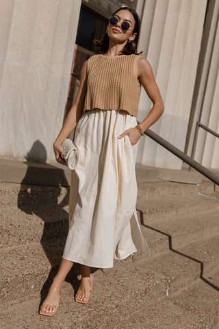 Laurel Twofer Midi Dress Mixed Media Knit Dress | JO+CO Laurel Twofer Midi Dress Mixed Media Knit Dress | JO+CO