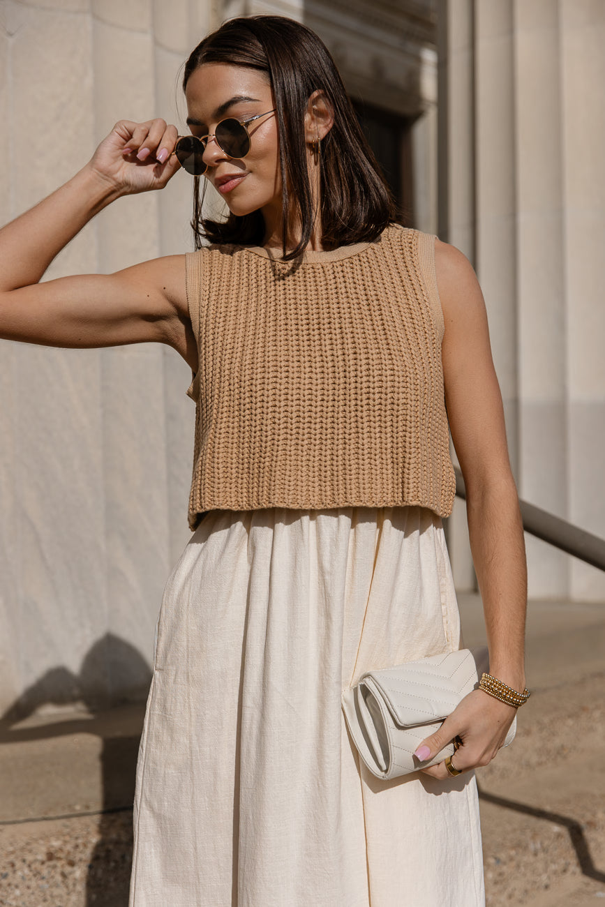 Laurel Twofer Midi Dress Mixed Media Knit Dress | JO+CO Laurel Twofer Midi Dress Mixed Media Knit Dress | JO+CO