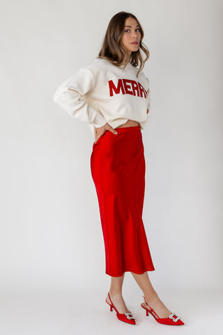 Livia Satin Midi Skirt - Red