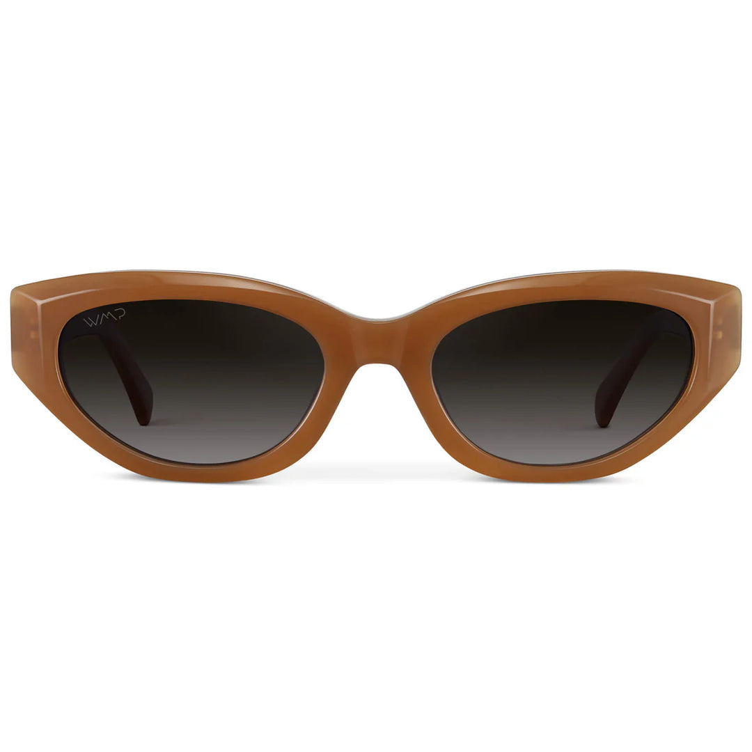 Brown sunglasses with dark lenses on a white background