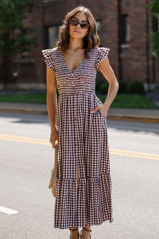 Ivanah Smocked Maxi Dress - Brown Gingham - Preorder