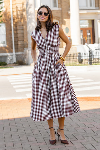 Ivette Midi Dress - Brown Gingham