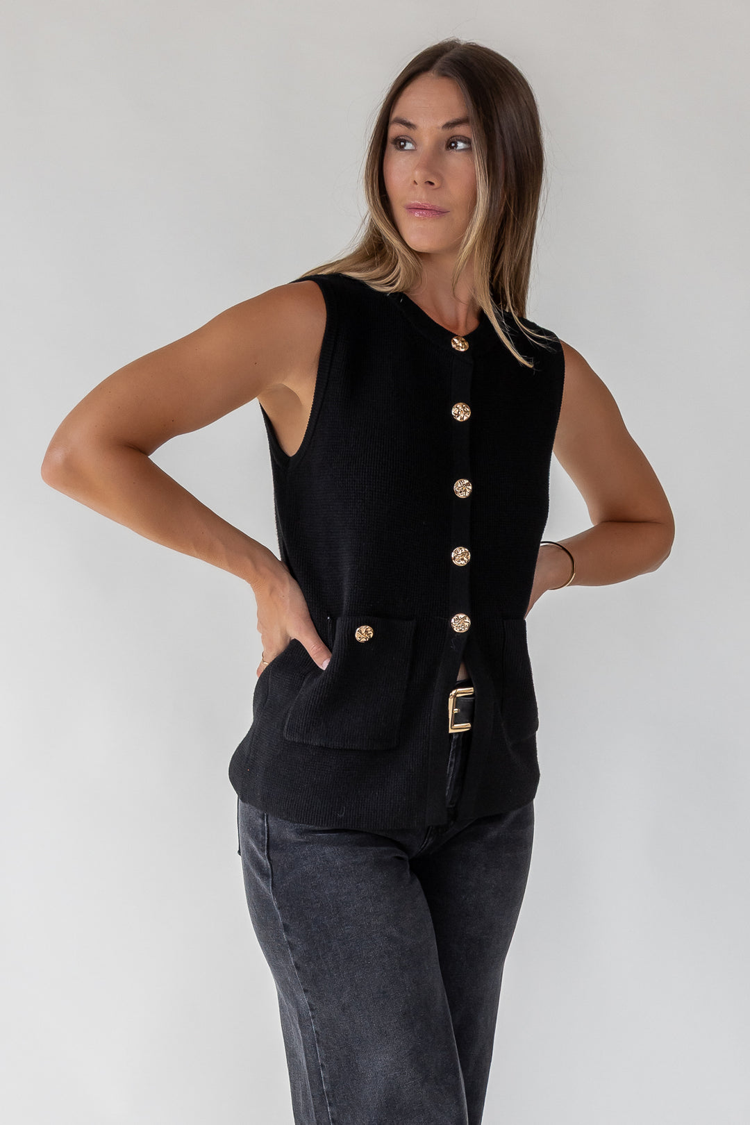 Margot Black Knit Button Vest