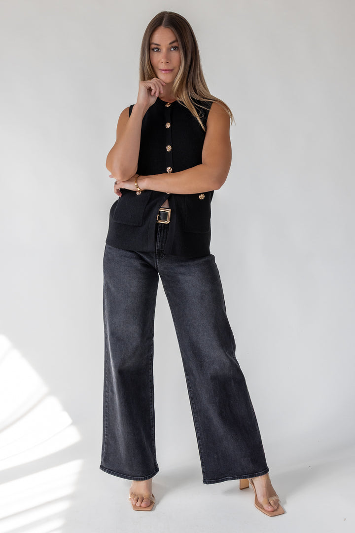 Margot Black Knit Button Vest