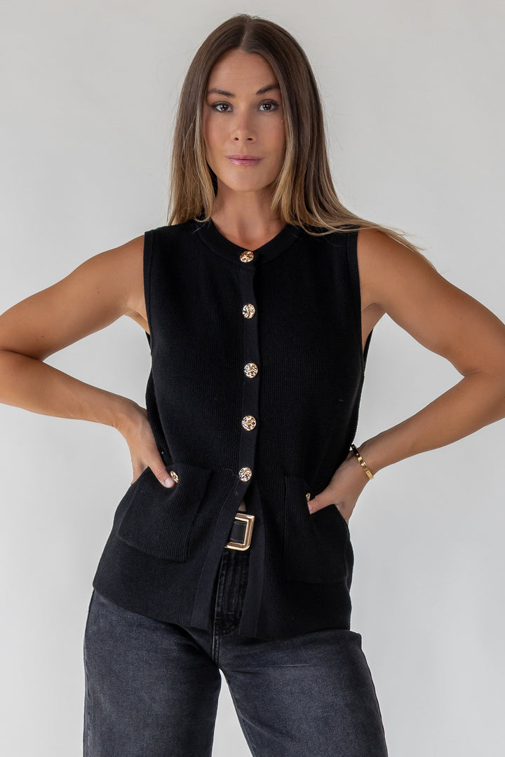 Margot Black Knit Button Vest