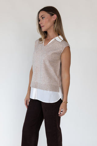 Mari Beige Mixed Media Sweater Vest