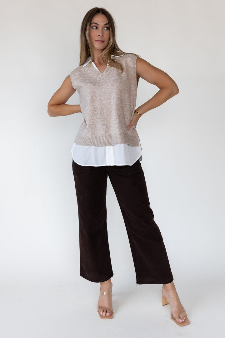 Mari Beige Mixed Media Sweater Vest