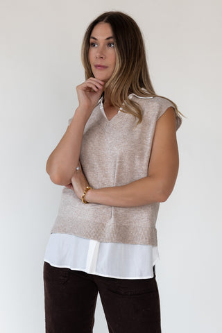 Mari Beige Mixed Media Sweater Vest