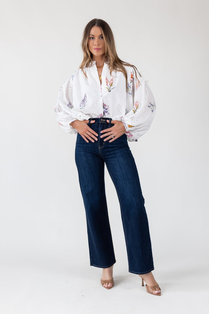 Meadow Eyelet Floral Button-Up Blouse
