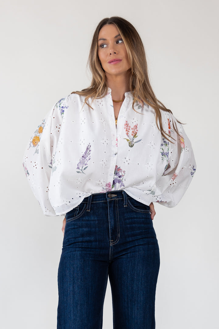 Meadow Eyelet Floral Button-Up Blouse
