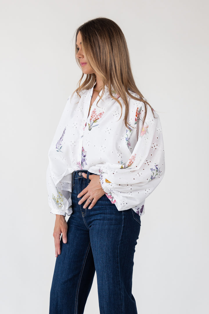 Meadow Eyelet Floral Button-Up Blouse