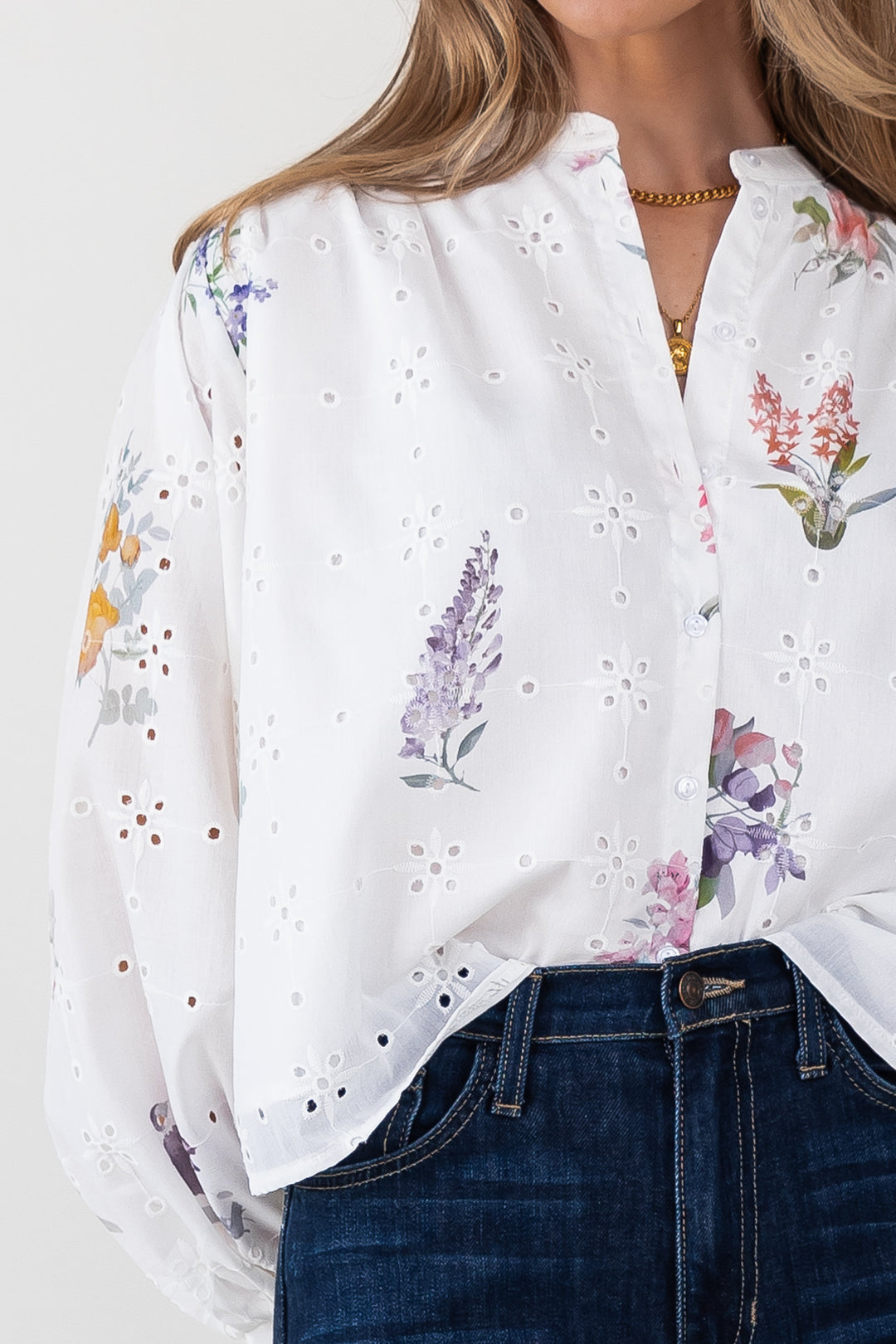 Meadow Eyelet Floral Button-Up Blouse