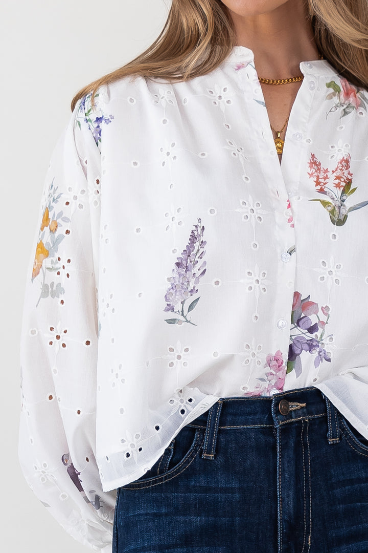 Meadow Eyelet Floral Button-Up Blouse