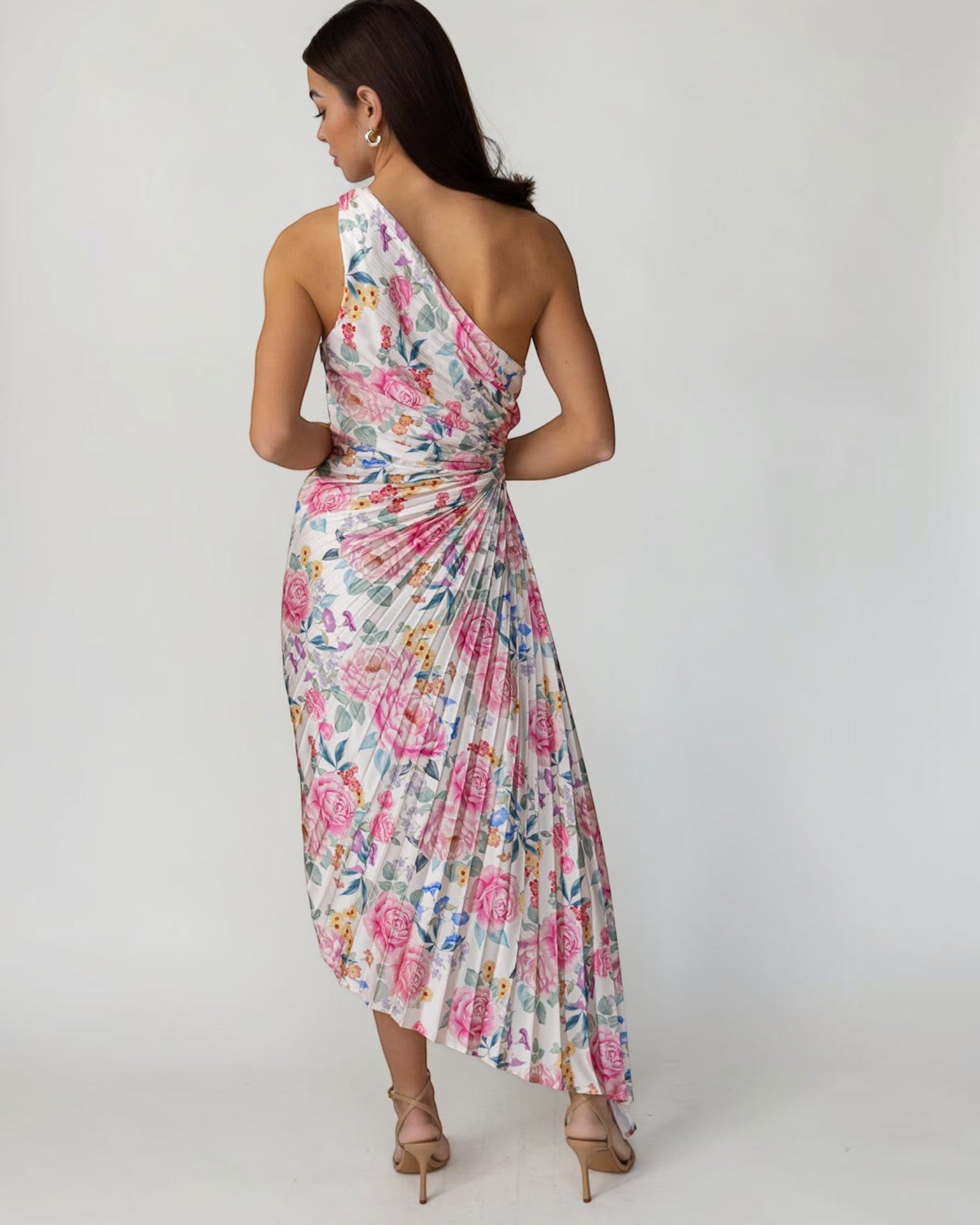 dress with flowers on one shoulder strap Chiffon One Shoulder Beaded Belt Gown 49018