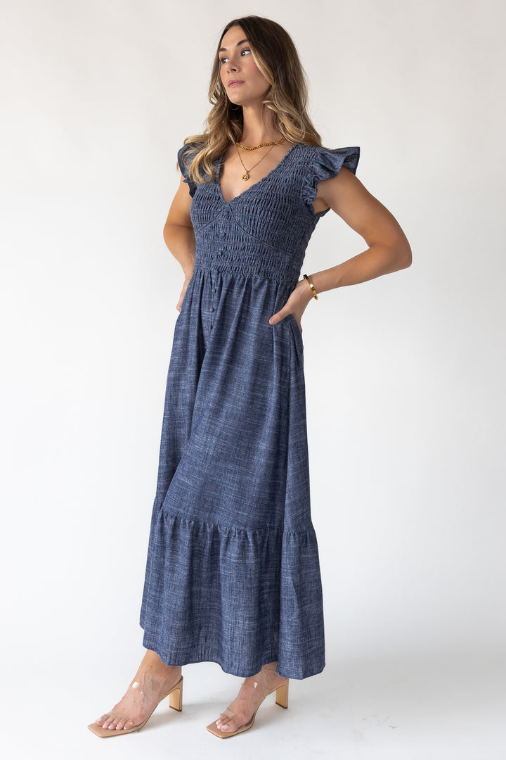Ivanah Navy Smocked Maxi Dress