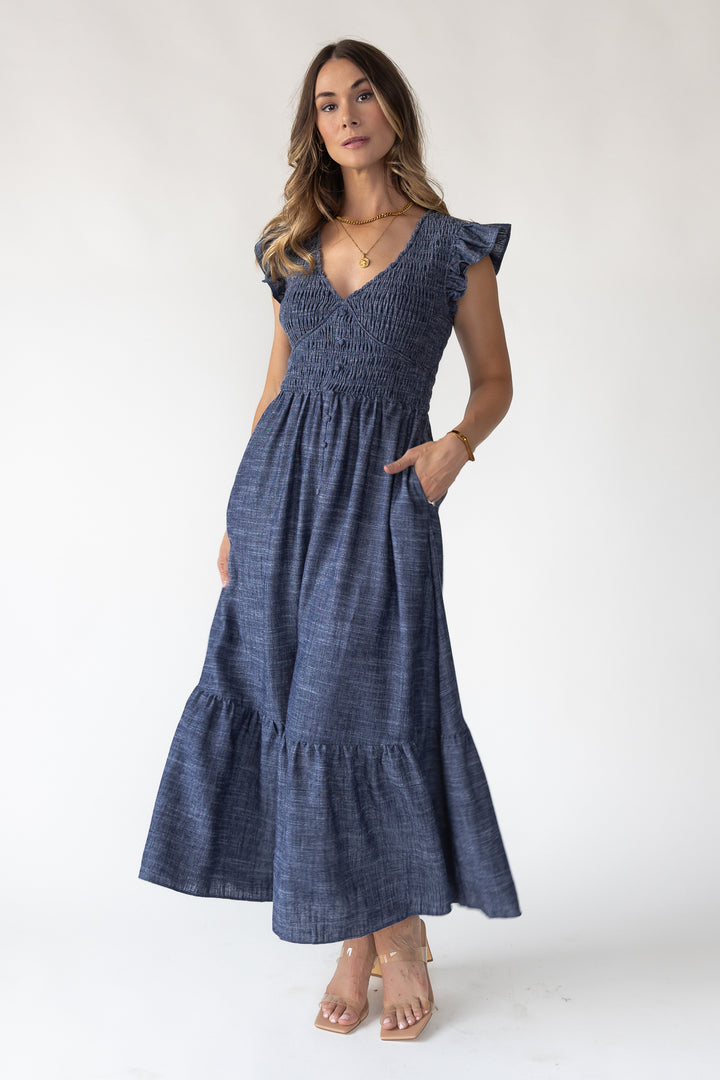 Ivanah Navy Smocked Maxi Dress