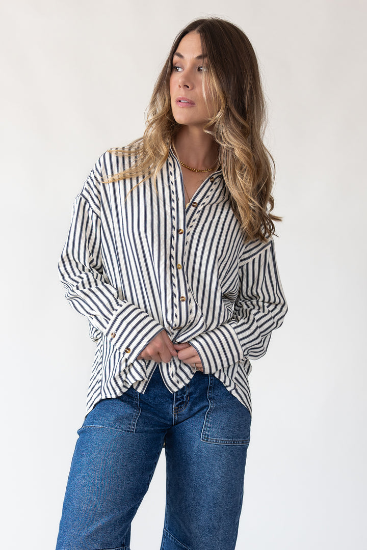 Harlow Navy Textured Stripe Top