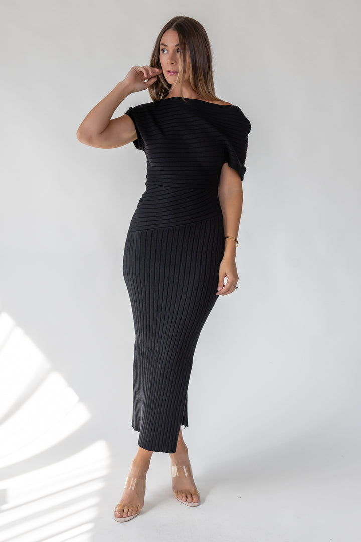 Nori Black Off Shoulder Midi Dress