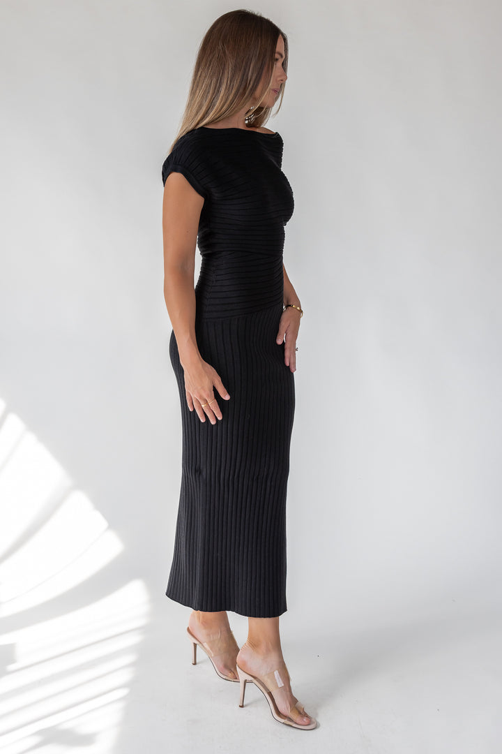 Nori Black Off Shoulder Midi Dress