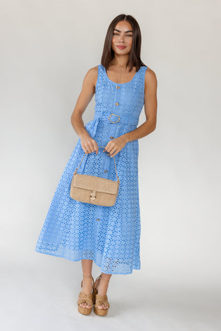 Positano Eyelet Midi Dress Women's Cotton Eyelet Belted Midi Dress JO+CO Positano Eyelet Midi Dress Women's Cotton Eyelet Belted Midi Dress JO+CO