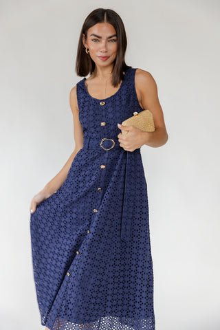 Positano Eyelet Midi Dress - Navy