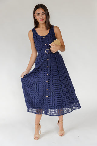 Positano Eyelet Midi Dress - Navy