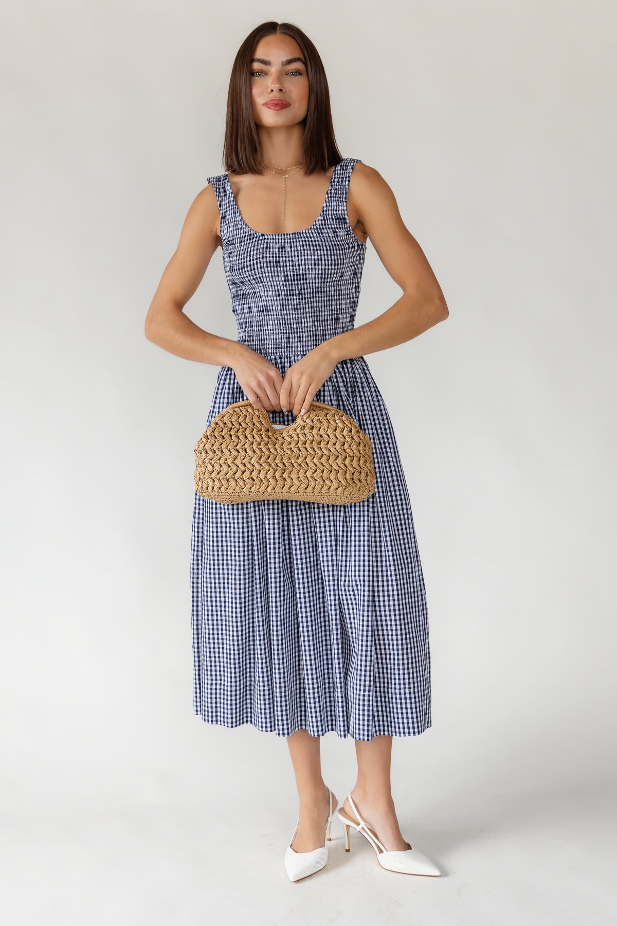 Provence Gingham Midi Dress — Women's Smocked Cotton Midi Dress S Provence Gingham Midi Dress — Women's Smocked Cotton Midi Dress S