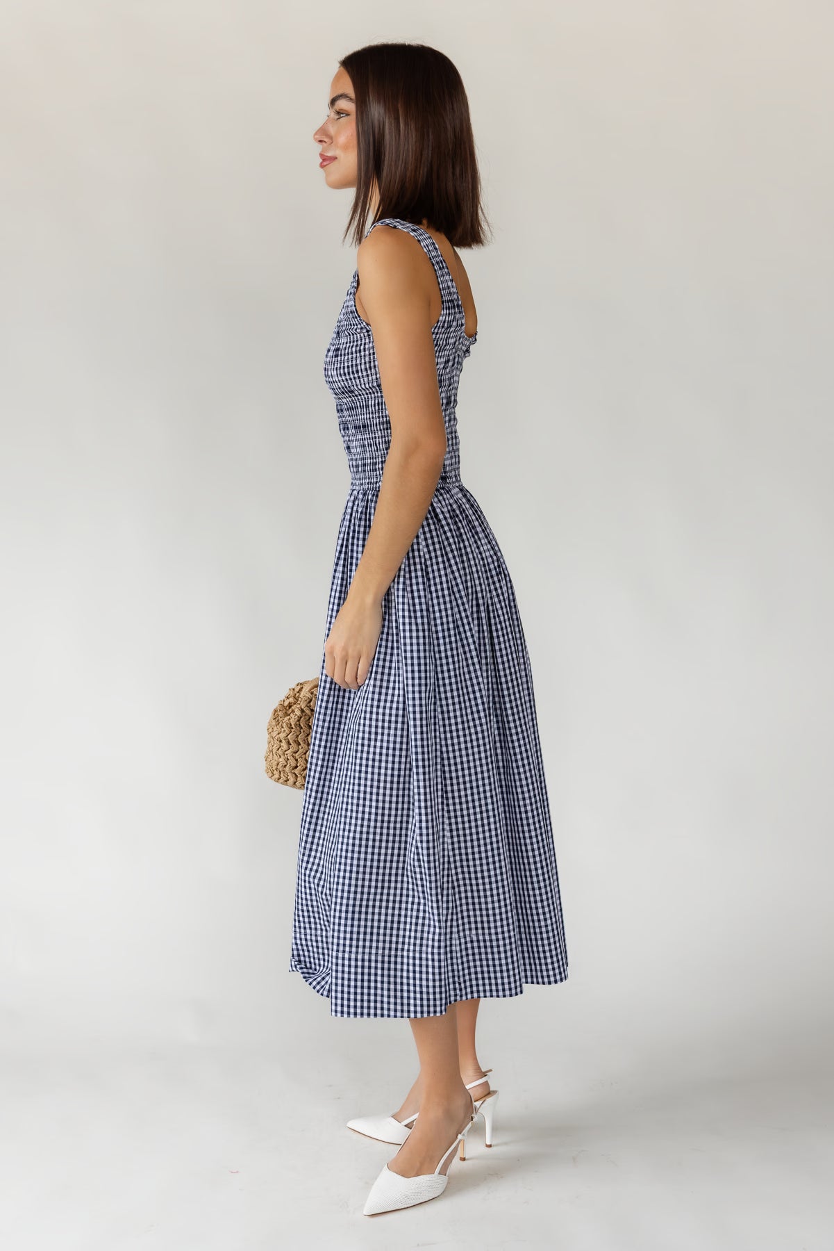 Provence Gingham Midi Dress — Women's Smocked Cotton Midi Dress S Provence Gingham Midi Dress — Women's Smocked Cotton Midi Dress S