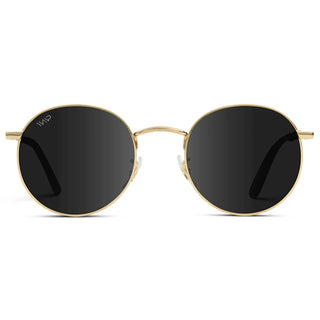 Round sunglasses with gold frame and black lenses on a white background