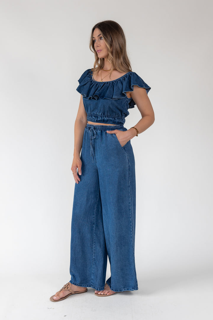 Riviera Ruffle Chambray Crop Top