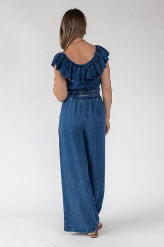 Riviera Ruffle Chambray Crop Top - Final Sale