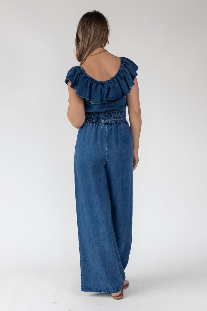 Riviera Ruffle Chambray Crop Top