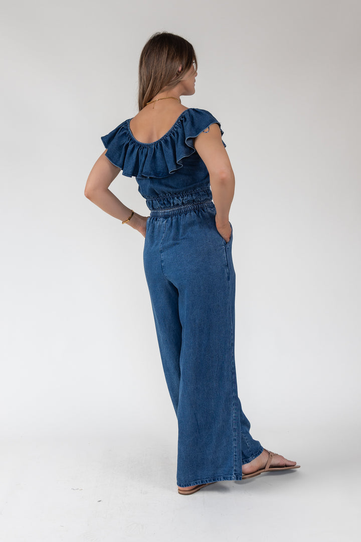 Riviera Ruffle Chambray Crop Top