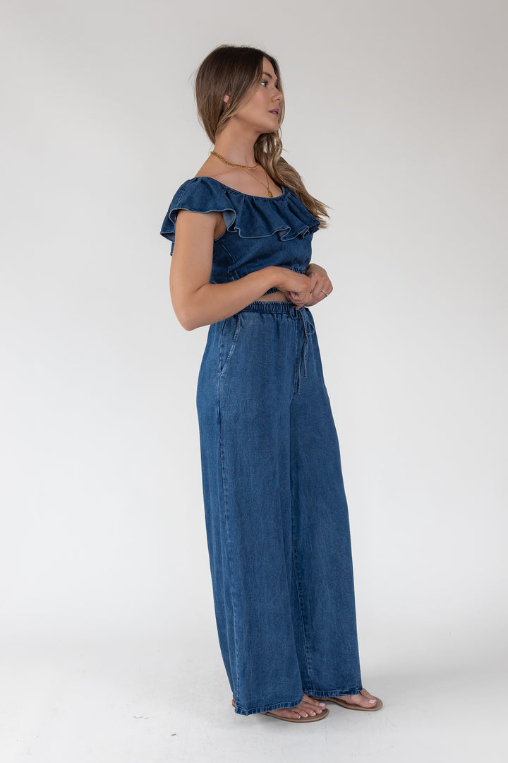 Riviera Ruffle Chambray Crop Top