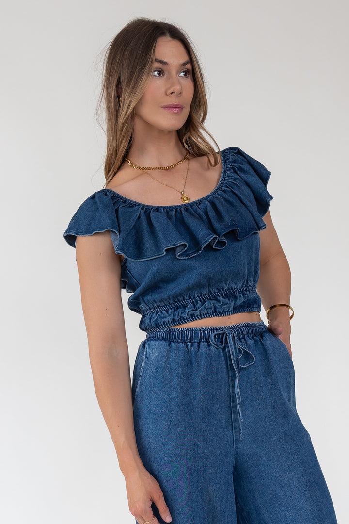 Riviera Ruffle Chambray Crop Top