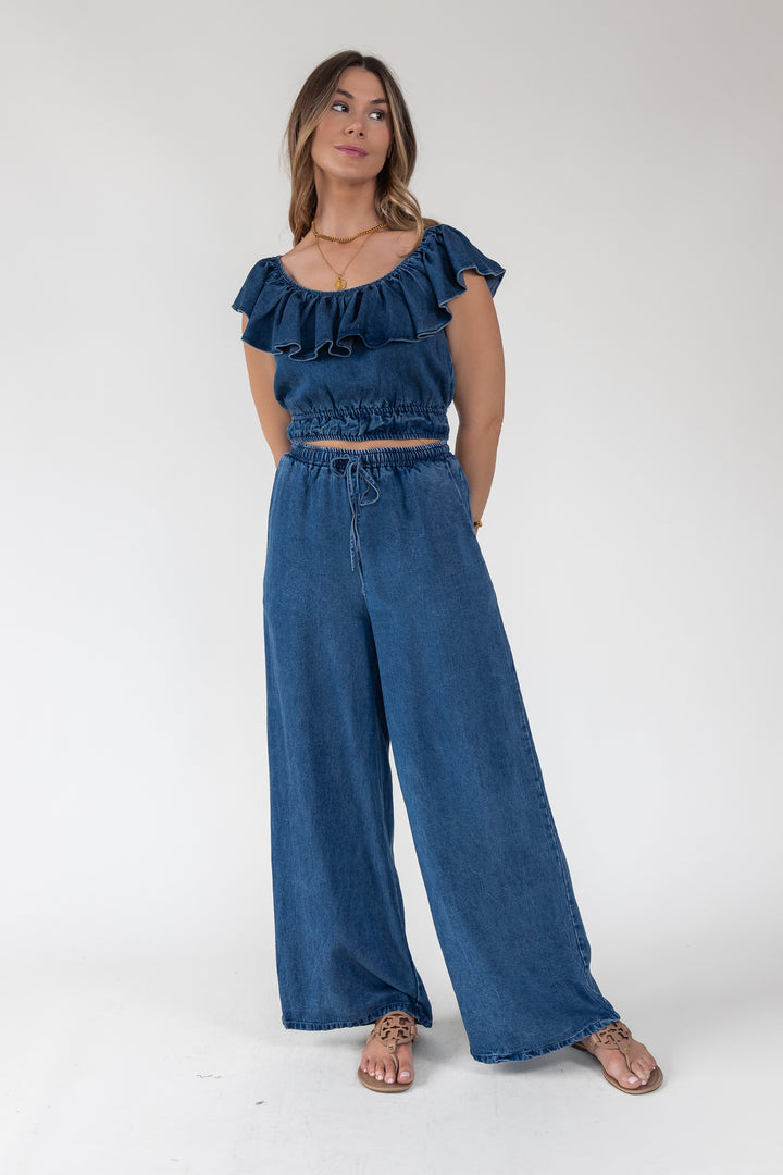 Riviera Ruffle Chambray Crop Top