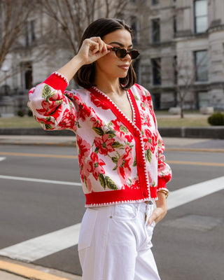 Rosette Sweater Cardi - Red Floral