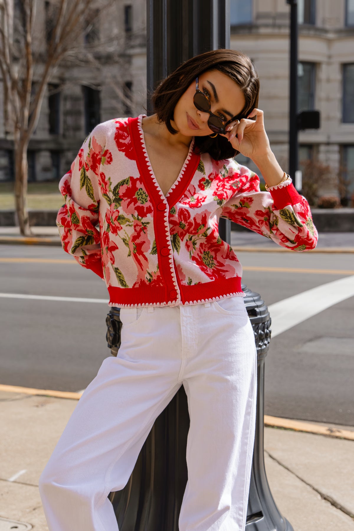 Rosette Sweater – Red Floral Knit Cardigan | JO+CO Rosette Sweater – Red Floral Knit Cardigan | JO+CO