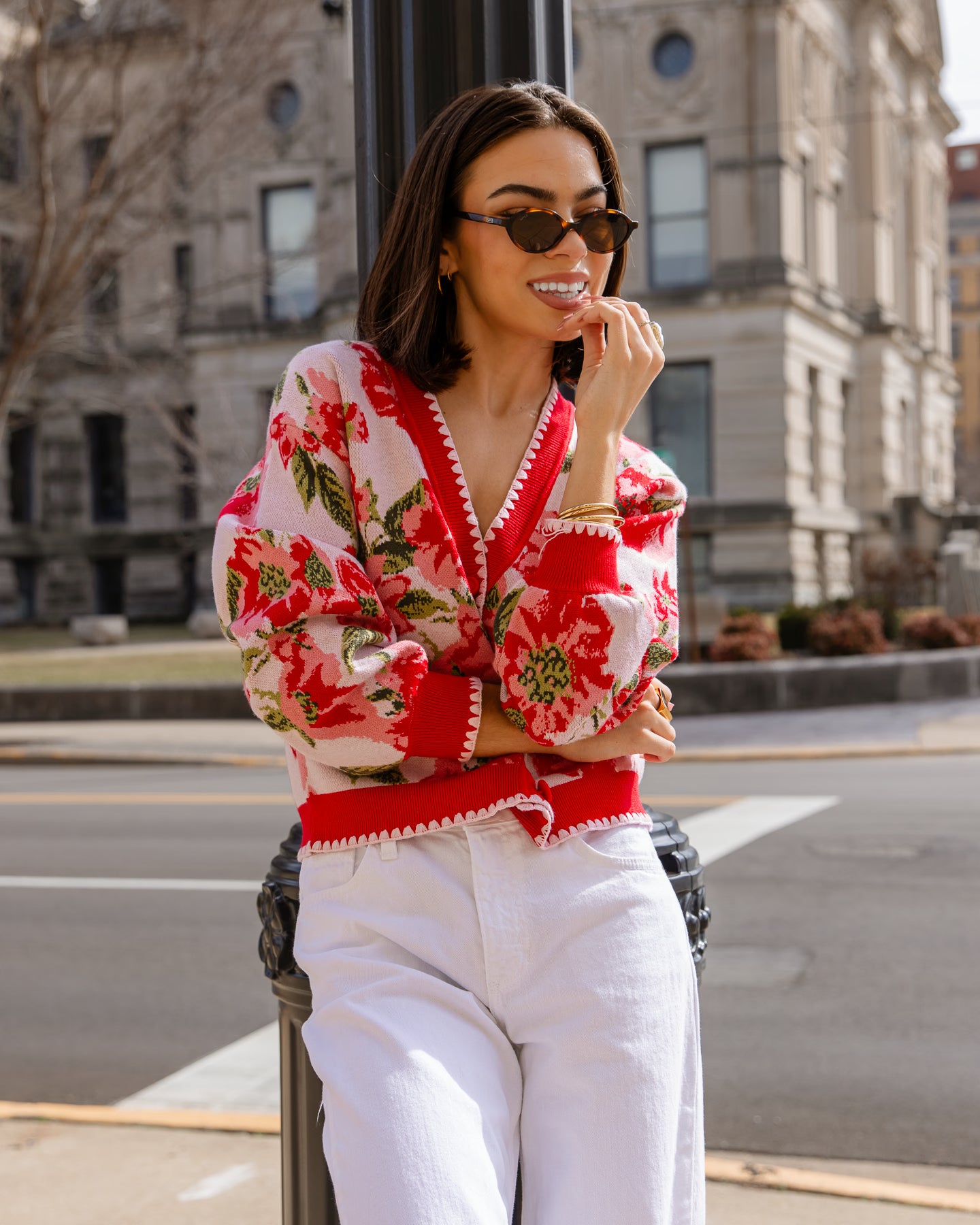 Rosette Sweater – Red Floral Knit Cardigan | JO+CO Rosette Sweater – Red Floral Knit Cardigan | JO+CO