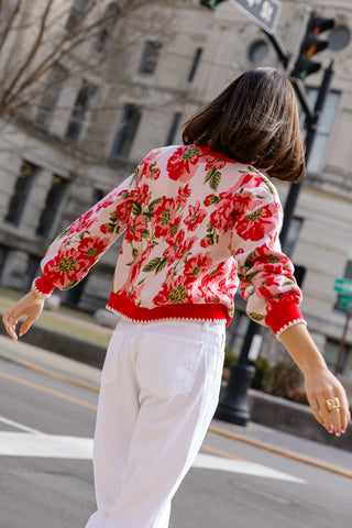 Rosette Sweater – Red Floral Knit Cardigan | JO+CO Rosette Sweater – Red Floral Knit Cardigan | JO+CO