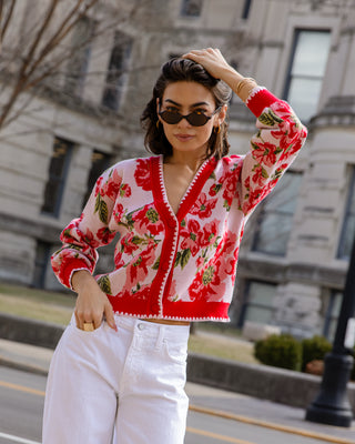 Rosette Sweater Cardi - Red Floral