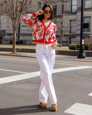 Rosette Sweater Cardi - Red Floral