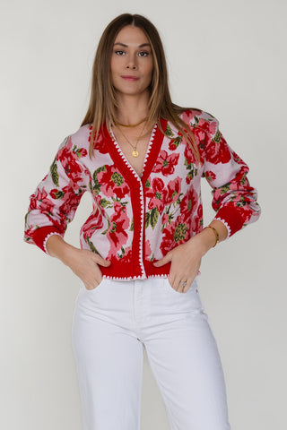 Rosette Sweater Cardi - Red Floral