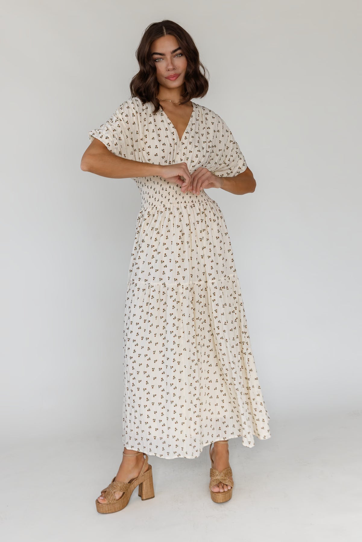 Daria Floral Maxi Dress in Cream — Women's Smocked Waist Maxi S