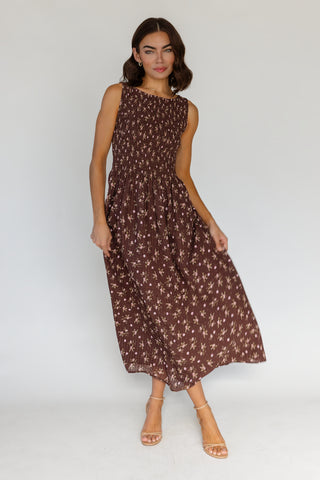 Fable Floral Midi Dress - Brown - Preorder