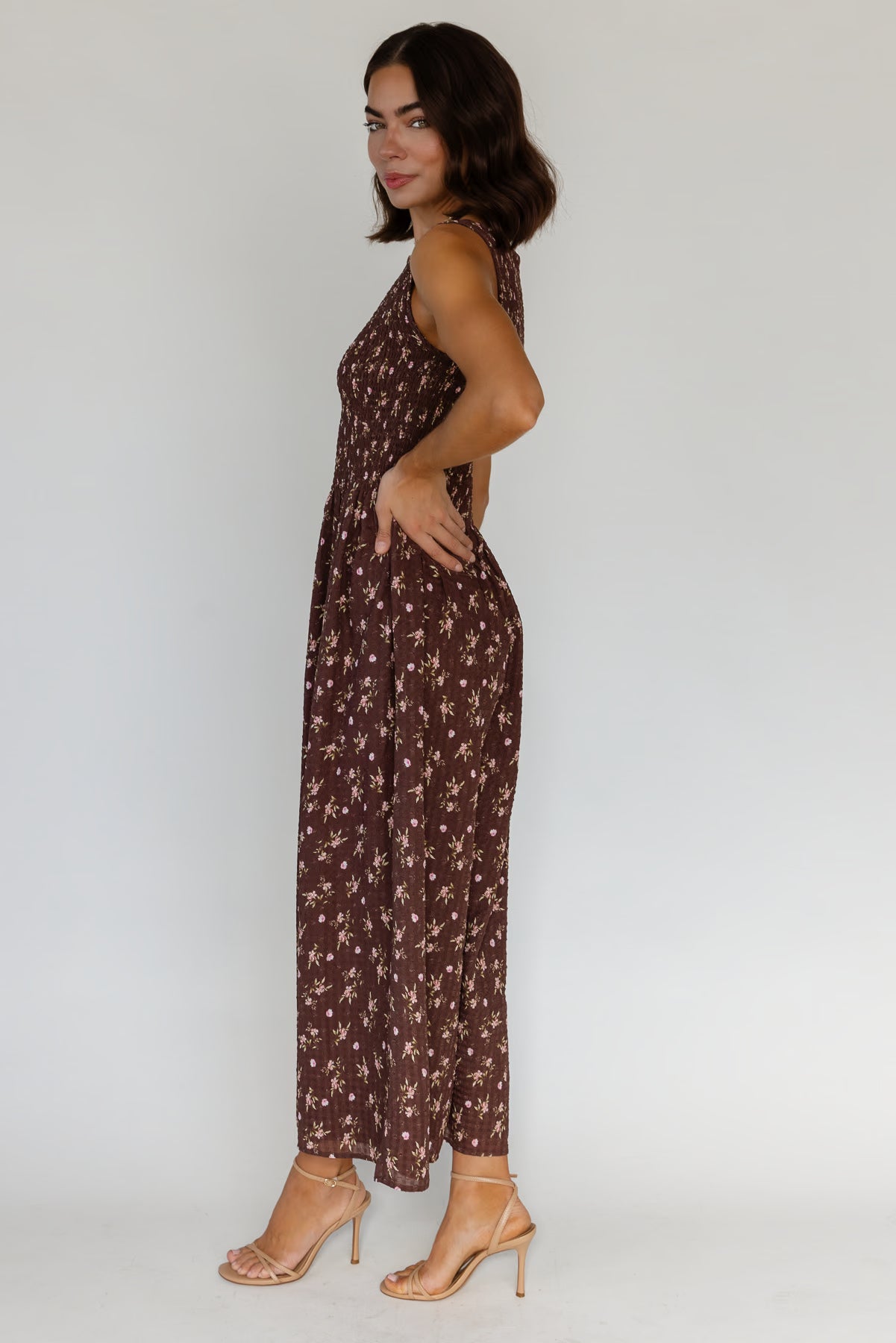 Fable Floral Midi Dress in Brown — Women's Smocked Bodice Midi – JO+CO