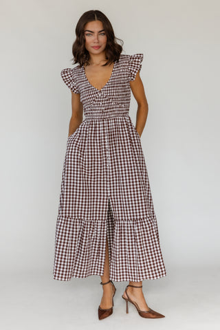Ivanah Smocked Maxi Dress - Brown Gingham - Preorder