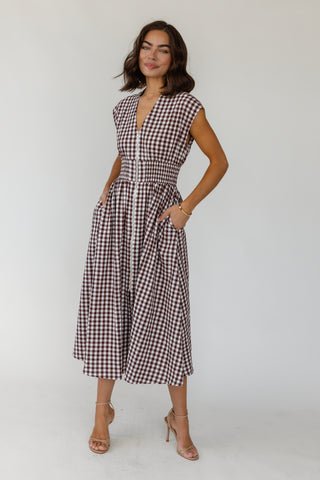Ivette Midi Dress - Brown Gingham
