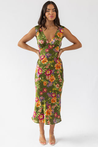 Sage Floral V-Neck Midi Dress - Final Sale